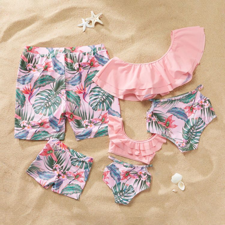 Summer Flounce Plant Print Matching Family Swimsuits Pink