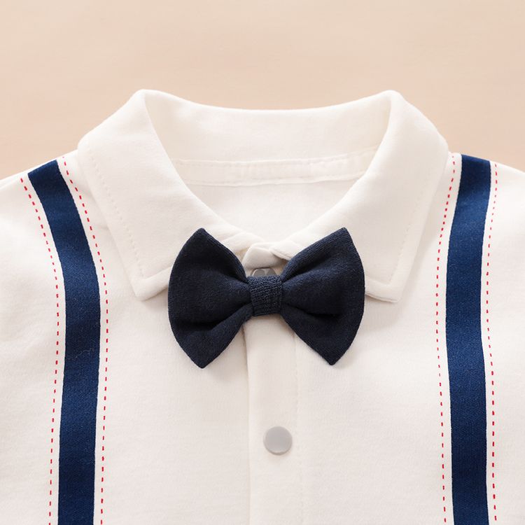 100% Cotton Color Block Lapel Collar Bow Tie Decor Faux-two Long-sleeve Baby Jumpsuit White