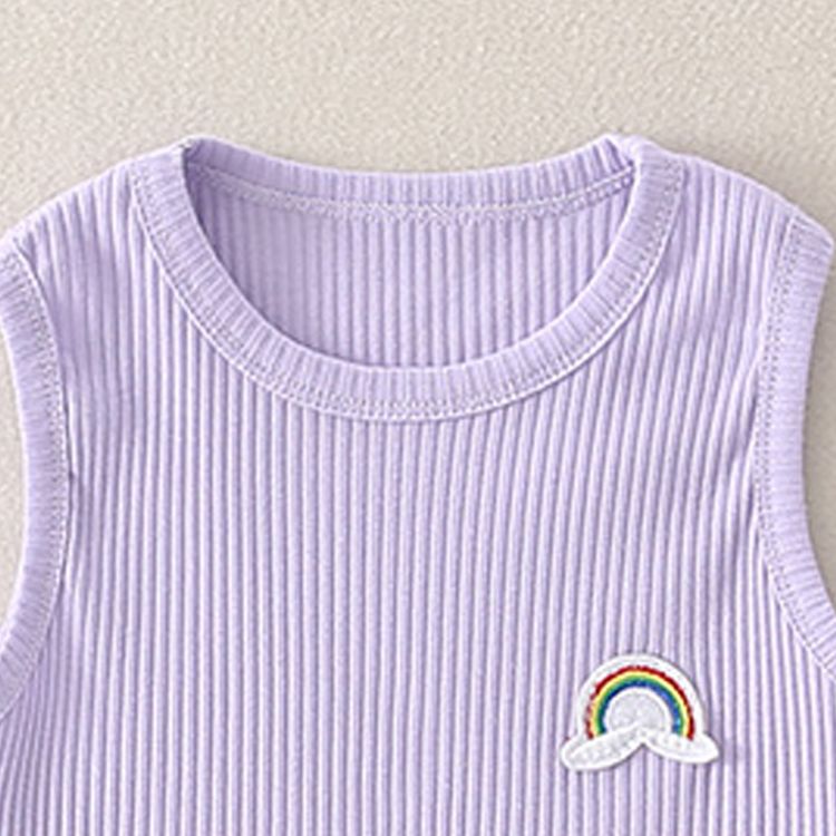 Ribbed Solid Rainbow Applique Sleeveless Baby Jumpsuit Purple
