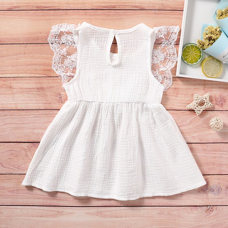 Baby Girl 95% Cotton Crepe Sleeveless Lace Bowknot Button Dress White