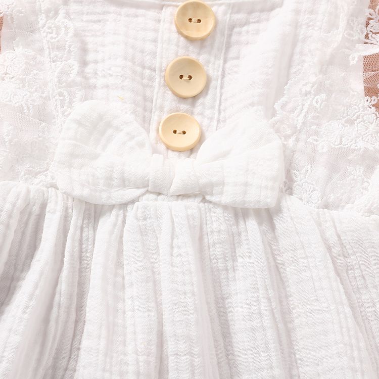 Baby Girl 95% Cotton Crepe Sleeveless Lace Bowknot Button Dress White
