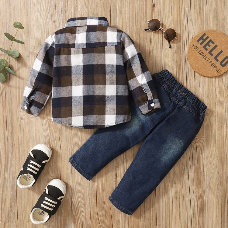 2-piece Toddler Boy Button Design Long-sleeve Plaid Shirt and Ripped Denim Jeans Set Khaki