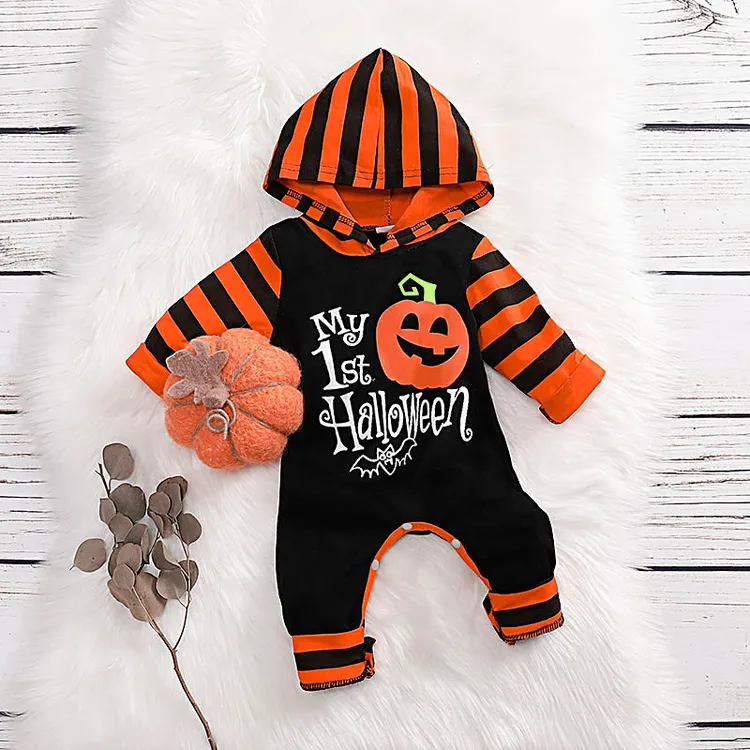 Halloween Letter and Pumpkin Long-sleeve Baby Hoodie Jumpsuit Orange