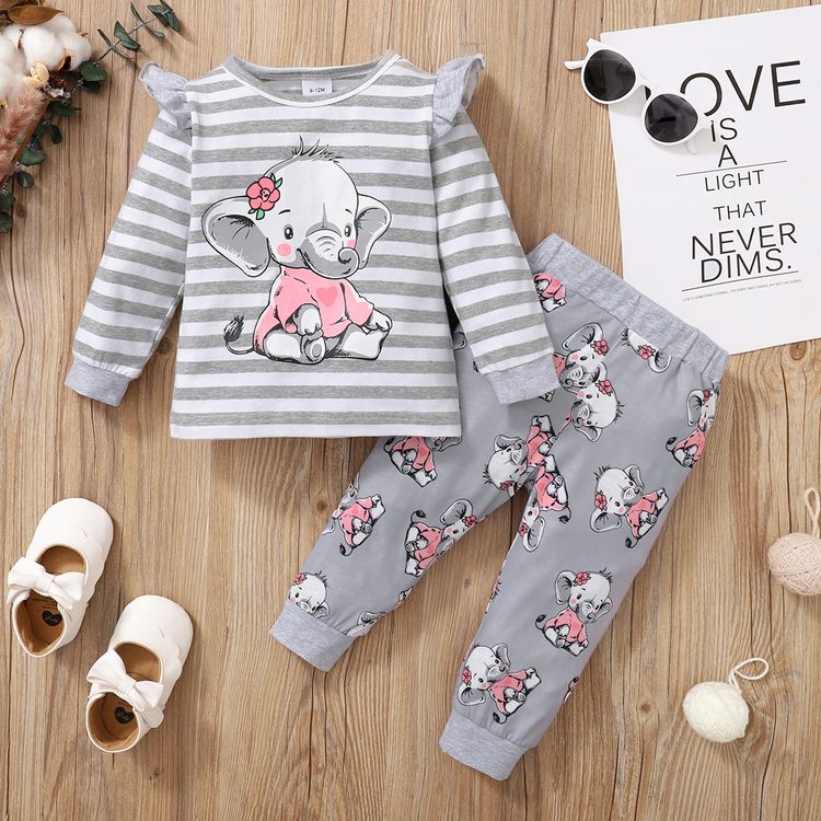 2pcs Baby Girl 95% Cotton Long-sleeve Cartoon Elephant Print Grey Striped Top and Trousers Set Light Grey