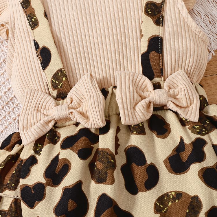 2pcs Baby Girl Solid Ribbed Splicing Leopard Layered Ruffle Flutter-sleeve Romper with Headband Set Apricot