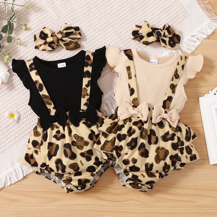 2pcs Baby Girl Solid Ribbed Splicing Leopard Layered Ruffle Flutter-sleeve Romper with Headband Set Apricot