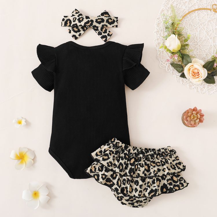 3pcs Baby Girl Letter Embroidered Black Ribbed Short-sleeve Romper and Leopard Layered Shorts with Headband Set Black