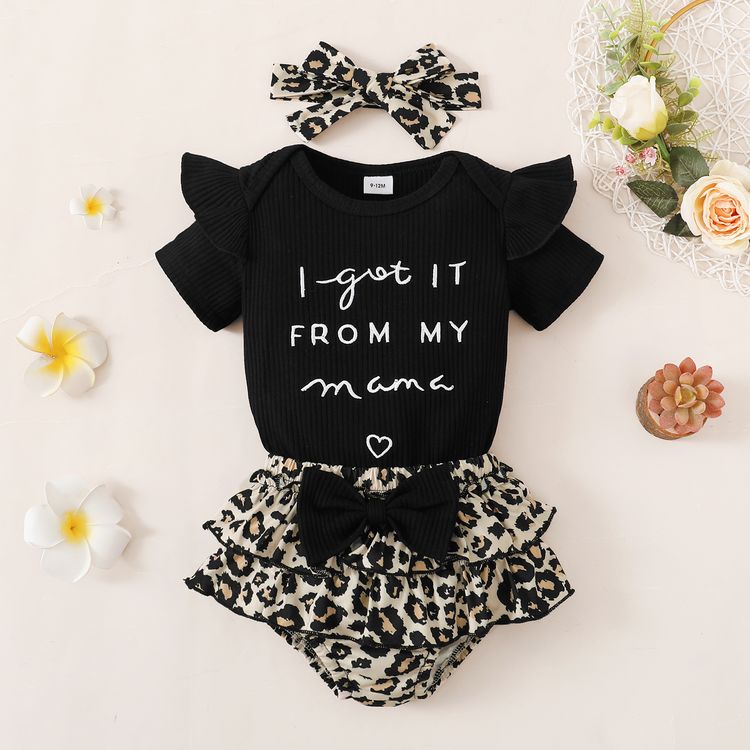 3pcs Baby Girl Letter Embroidered Black Ribbed Short-sleeve Romper and Leopard Layered Shorts with Headband Set Black