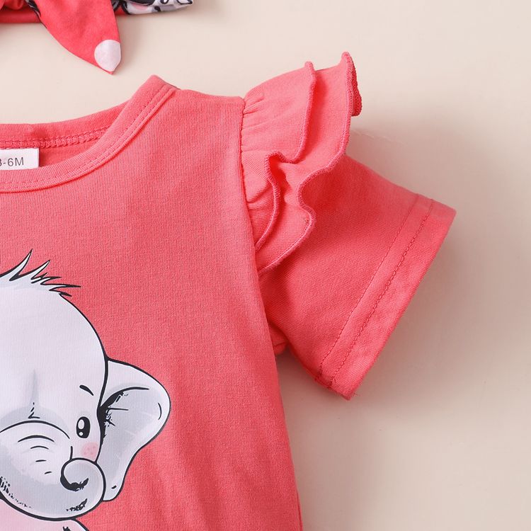 3pcs Baby Girl Cartoon Elephant Print Ruffle Short-sleeve T-shirt and Dots Bowknot Trousers with Headband Set Light Red