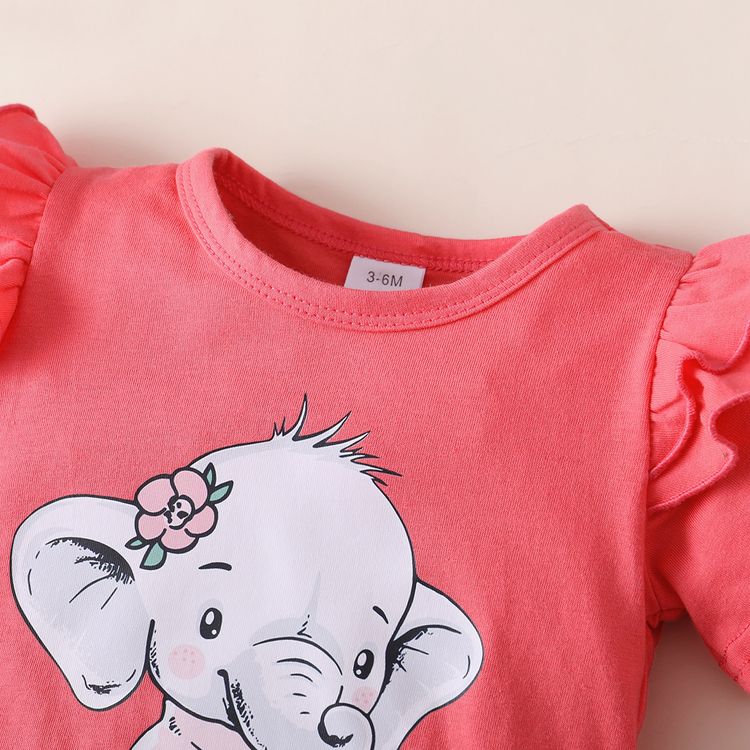 3pcs Baby Girl Cartoon Elephant Print Ruffle Short-sleeve T-shirt and Dots Bowknot Trousers with Headband Set Light Red