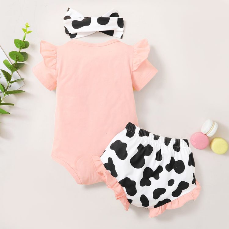 3pcs Baby Girl 95% Cotton Ruffle Short-sleeve Letter Print Romper and Cow Print Shorts with Headband Set Pink