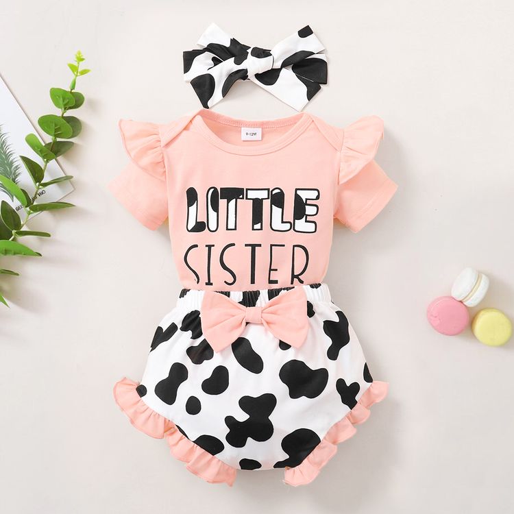 3pcs Baby Girl 95% Cotton Ruffle Short-sleeve Letter Print Romper and Cow Print Shorts with Headband Set Pink