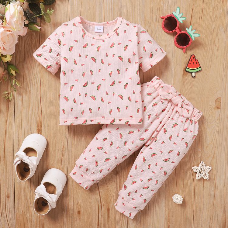 スイカプリントピンクの織り目加工の半袖tシャツと蝶結びのパンツセット全体に2個の女の赤ちゃん 1 129 29patpat Asia移動のみ