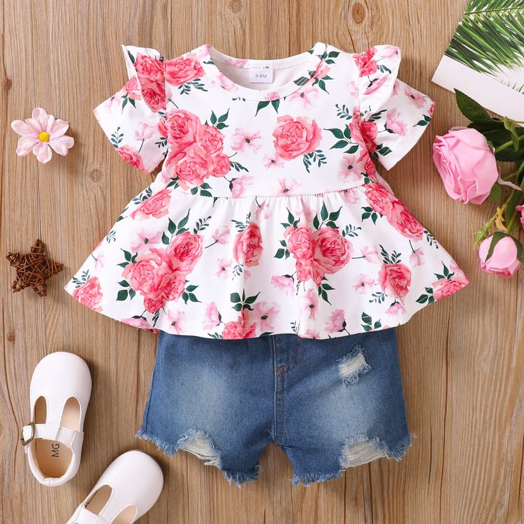 2pcs Baby Girl 95% Cotton Ripped Denim Shorts and Allover Floral Print Ruffle Short-sleeve Top Set Pink