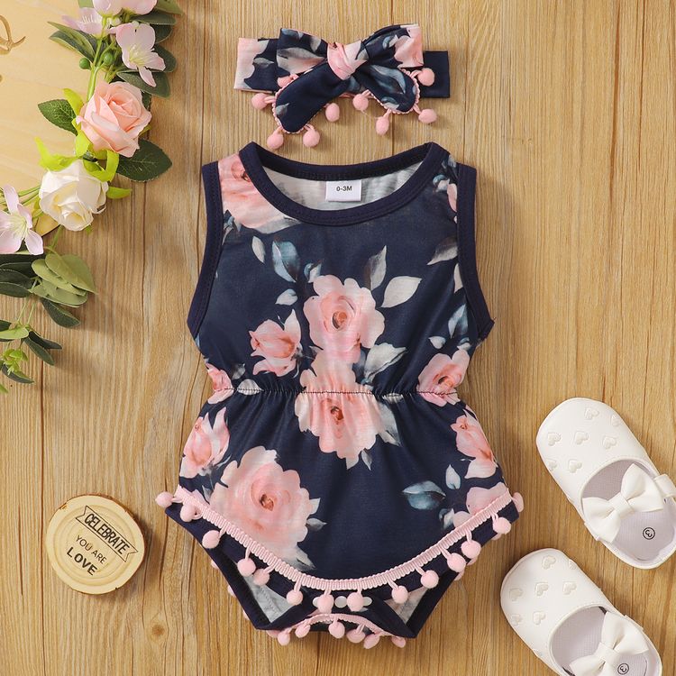 2pcs Floral Print Tasseled Sleeveless Baby Set Royal Blue