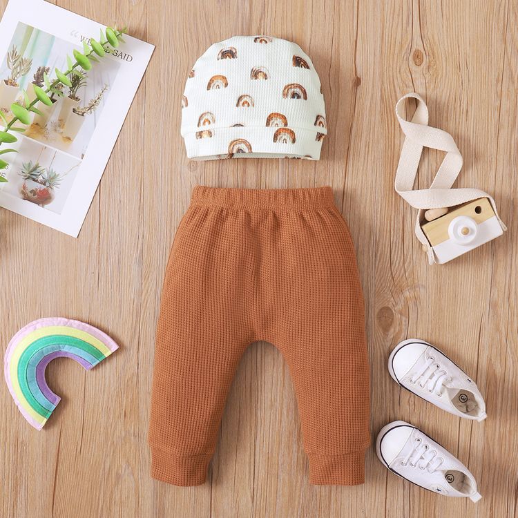 2pcs Baby Boy/Girl Rainbow Print/Solid Waffle Harem Pants with Hat Set Coffee