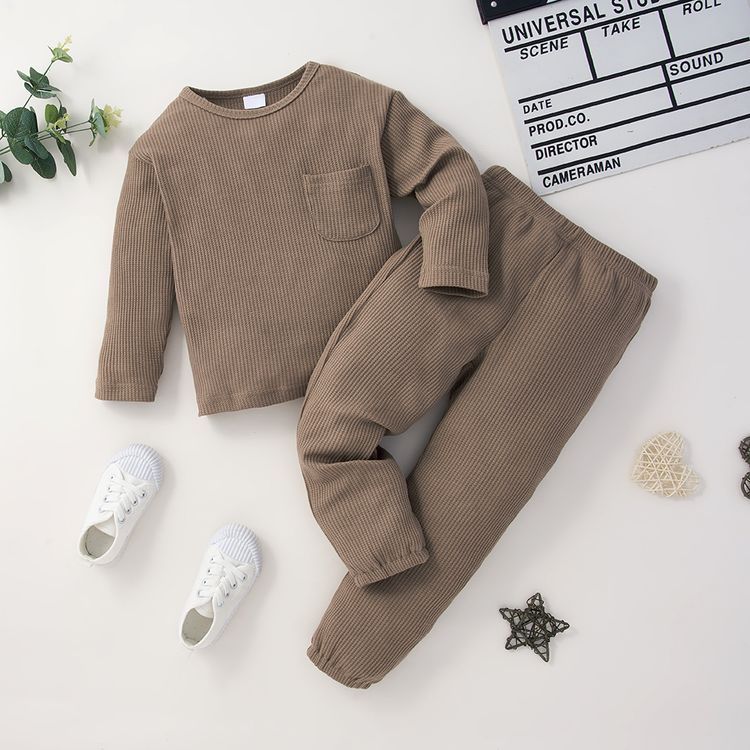 2-piece Toddler Boy/Girl Round-collar Long-sleeve Ribbed Solid Top with Pocket and Elasticized Pants Casual Set Khaki