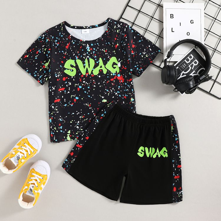 2pcs Toddler Boy Casual Letter Painting Print Tee and Shorts Set Black