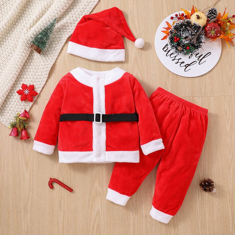 Christmas 3pcs Baby Boy/Girl Red Fleece Long-sleeve Santa Outfits Set Red