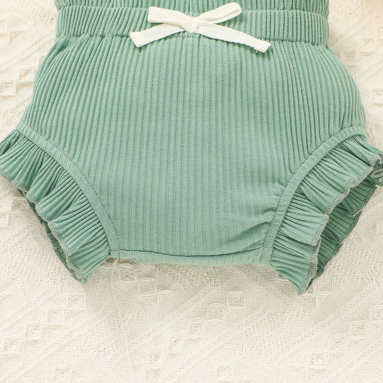 2pcs Baby Girl 95% Cotton Ribbed Flutter-sleeve Romper and Ruffle Shorts Set Green