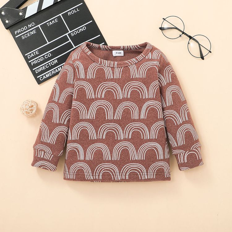 2pcs Baby Boy All Over Rainbow Print Brown Long-sleeve Pullover and Trousers Set Brown