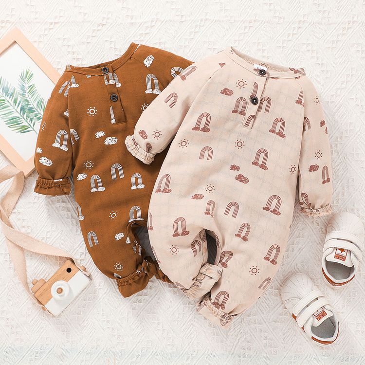 Baby Boy All Over Rainbow Print Long-sleeve Jumpsuit Apricot