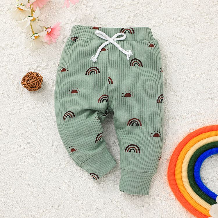 2pcs Baby Boy/Girl All Over Rainbow Print Ribbed Long-sleeve Romper and Trousers Set Green