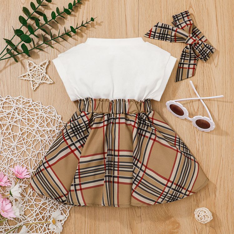 2pcs Baby Girl 95% Cotton Sleeveless Letter Print Splicing Plaid Dress with Headband Set White