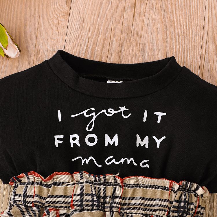 2pcs Baby Girl 95% Cotton Sleeveless Letter Print Splicing Plaid Dress with Headband Set Black