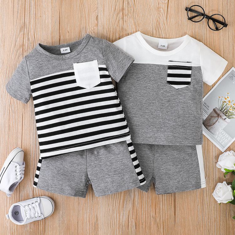 2pcs Baby Boy 95% Cotton Short-sleeve Striped Colorblock T-shirt and Shorts Set White