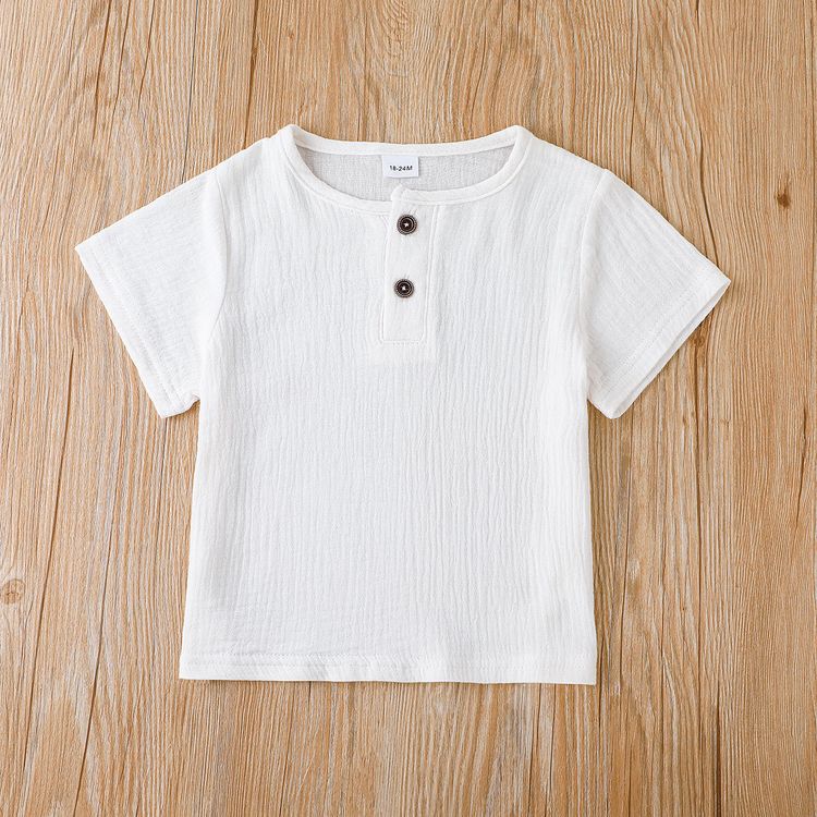 2pcs Toddler Boy Basic Button Design Crepe Tee and Stripe Shorts Set White