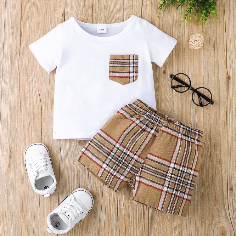 2pcs Baby Boy 100% Cotton Plaid Shorts and Short-sleeve T-shirts Set White