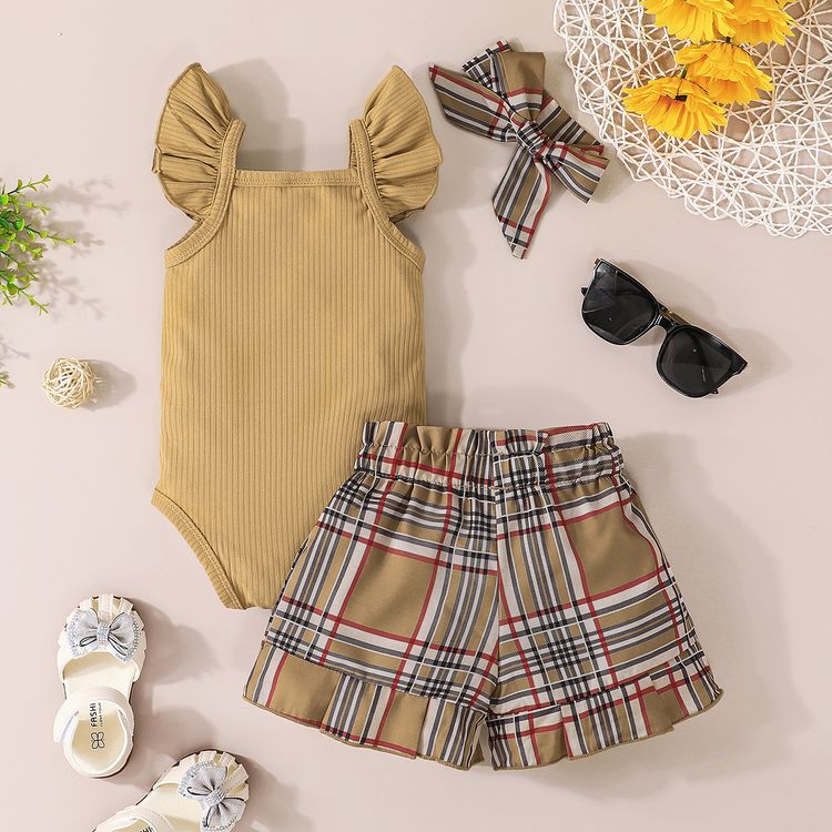 3pcs Baby Girl Letter Embroidered Ribbed Flutter-sleeve Romper and Plaid Shorts with With Set Brown