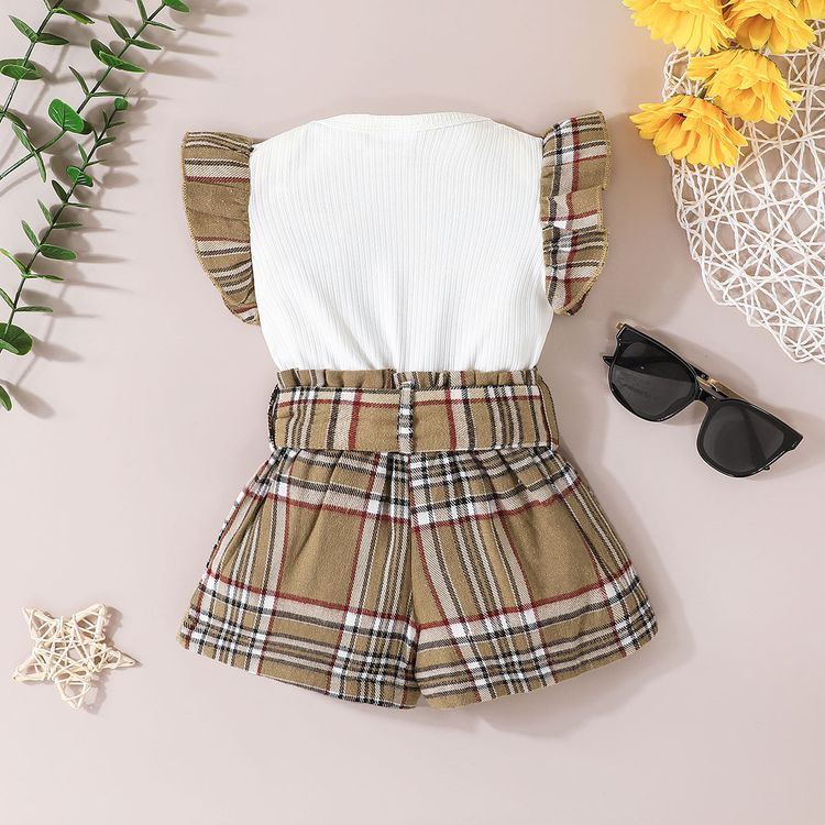 Baby Girl Letter Print Ribbed Splicing Plaid Flutter-sleeve Belted Faux-two Romper White