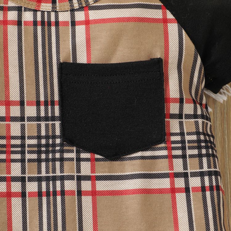 Baby Boy Raglan-sleeve Plaid Jumpsuit with Pocket Brown