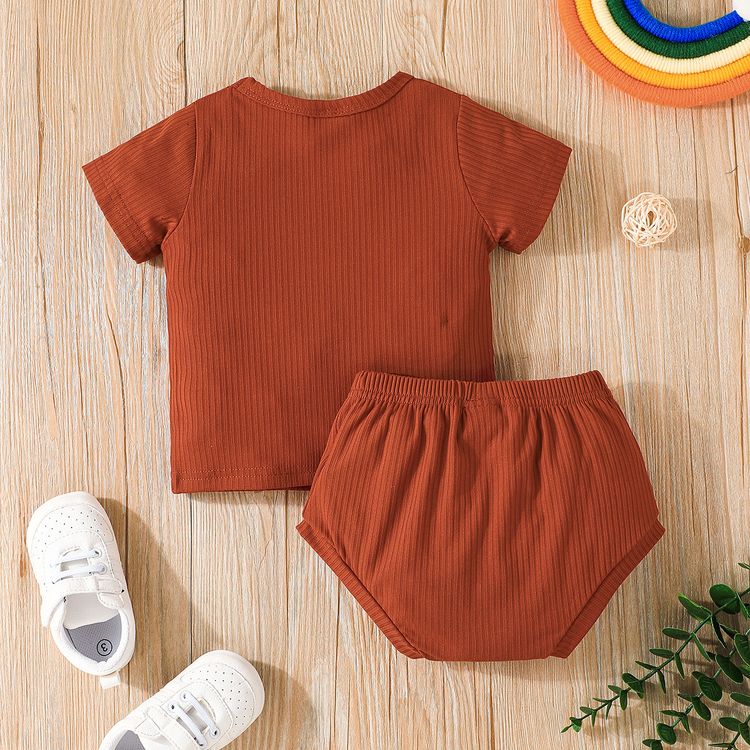 2pcs Baby Boy/Girl 95% Cotton Ribbed Short-sleeve Rainbow and Letter Print Tee and Shorts Set Brown