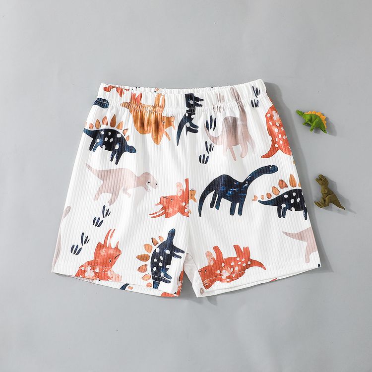 2pcs Toddler Boy Animal Dinosaur Print Ribbed Tank Top and Shorts Set White