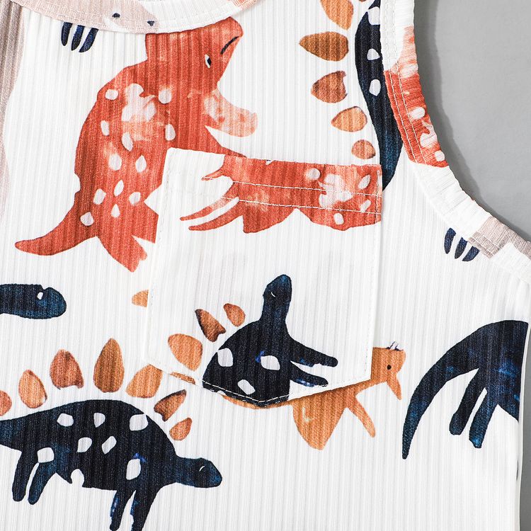 2pcs Toddler Boy Animal Dinosaur Print Ribbed Tank Top and Shorts Set White