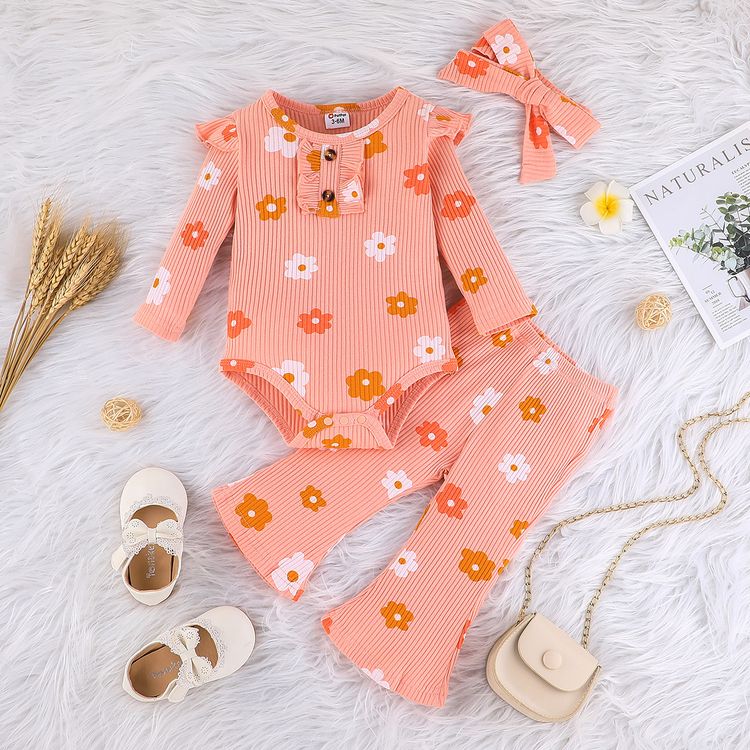 3pcs Baby Girl 95% Cotton Long-sleeve Allover Floral Print Rib Knit Ruffle Trim Romper and Flared Pants with Headband Set Pink