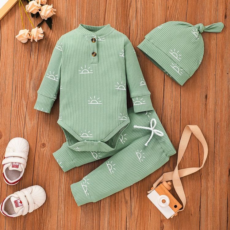 3-piece Baby Boy/Girl 95% Cotton Ribbed Long-sleeve Sun Print Button Design Romper and Elasticized Pants with Cap Set Green