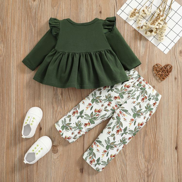 2pcs Baby 95% Cotton Ruffle Long-sleeve Bowknot Top and All Over Leaves Print Trousers Set Dark Green