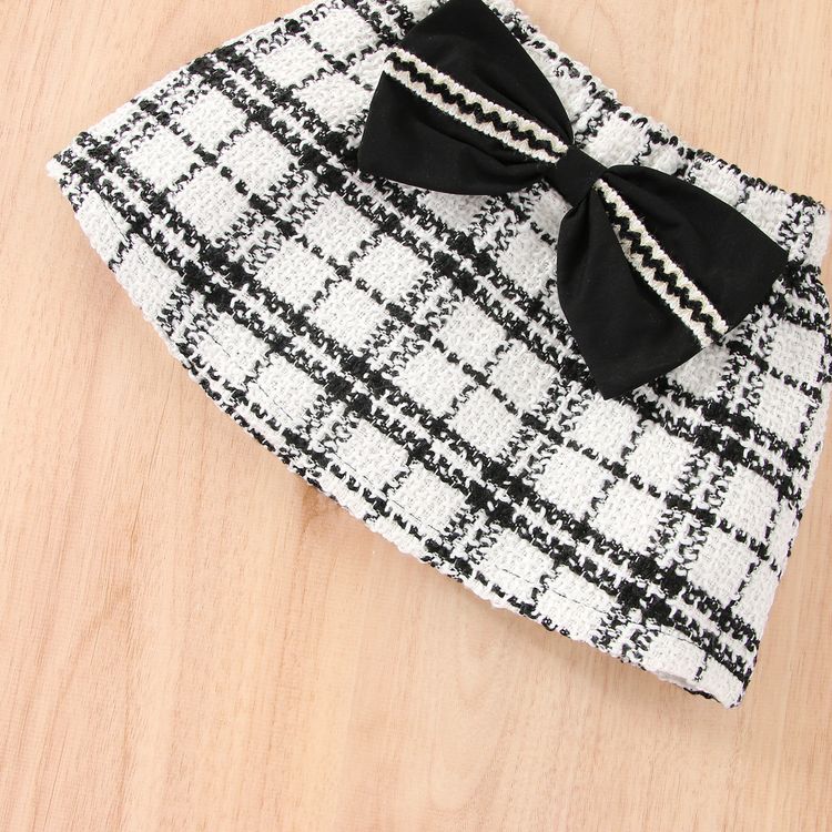 3pcs Baby Girl Black Ribbed Camisole and Tweed Puff-sleeve Cardigan with Bowknot Skirt Set BlackandWhite