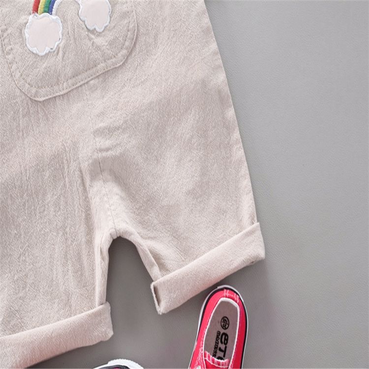 2pcs Baby Boy 95% Cotton Short-sleeve Striped Tee and Rainbow Overalls Shorts Set Beige