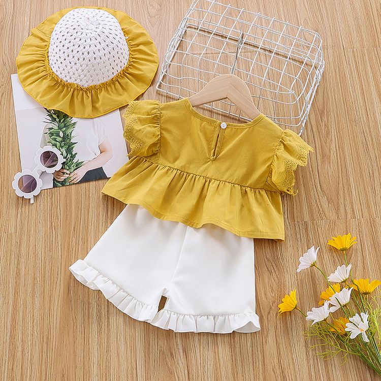 3pcs Baby Girl Solid Lace Ruffle-sleeve Crop Top and Shorts with Hat Set Yellow