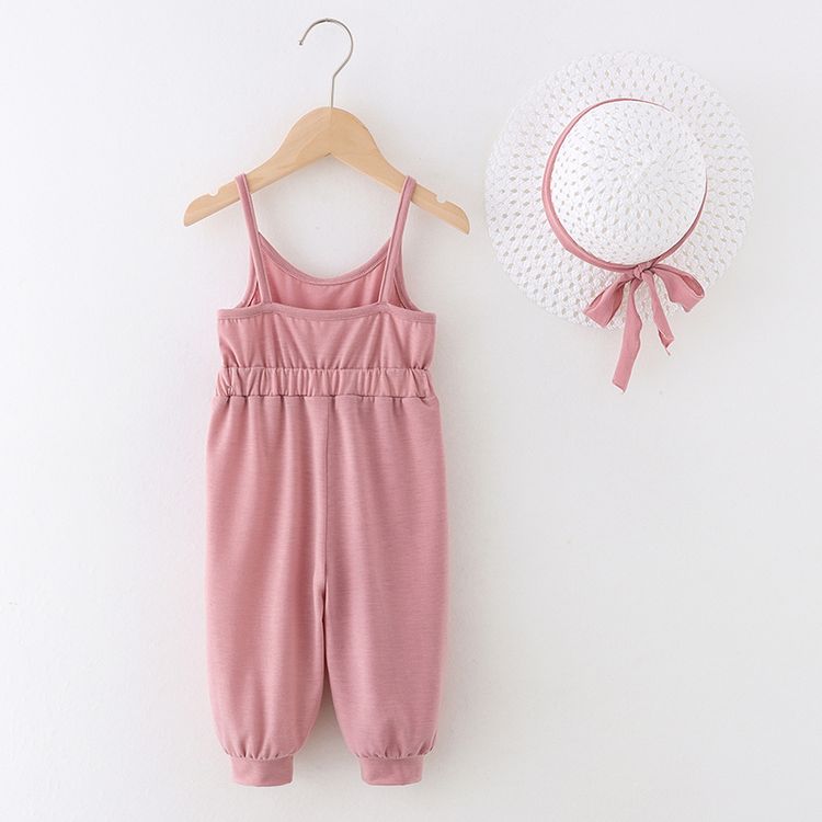 2pcs Baby Boy/Girl Solid Spaghetti Strap Overalls with Hat Set Light Pink