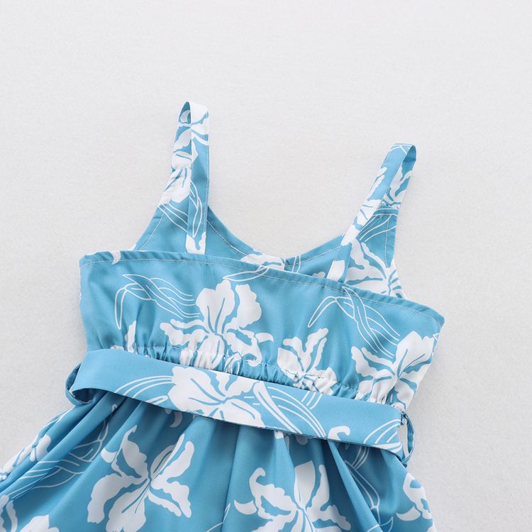 2pcs Baby Girl Allover Leaf Print Sleeveless Spaghetti Strap Belted Romper with Hat Set Blue