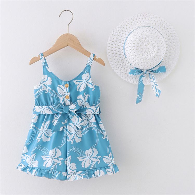 2pcs Baby Girl Allover Leaf Print Sleeveless Spaghetti Strap Belted Romper with Hat Set Blue