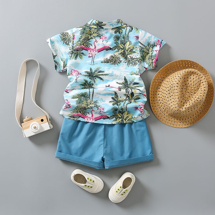 3pcs Toddler Boy Vacation Straw Hat & Flamingo Tree Print Shirt and Shorts Set Lakeblue