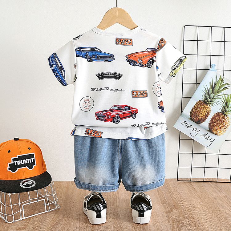 2pcs Toddler Boy Playful Ripped Denim Shorts and Vehicle Print Tee Set White