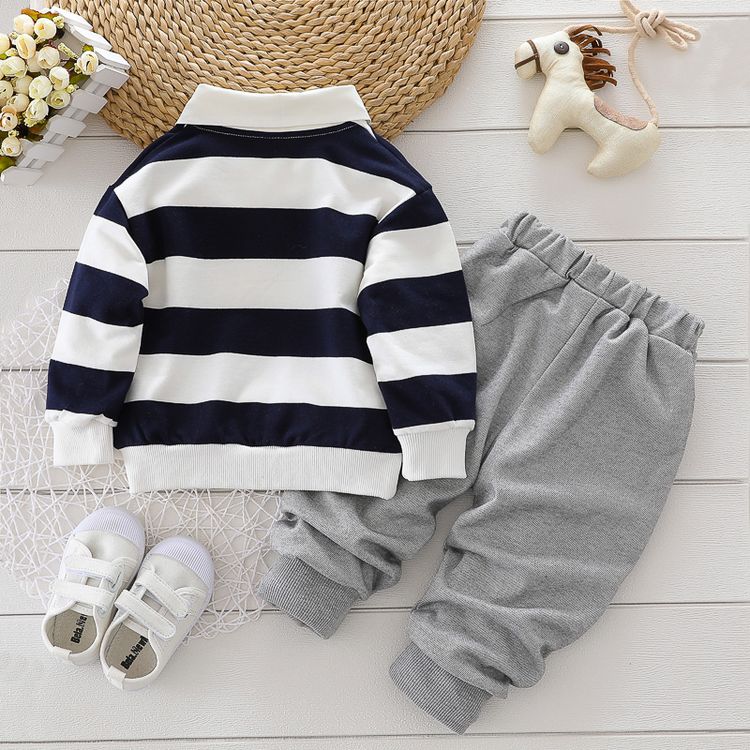 2-piece Toddler Boy Stripe Polo shirt and Grey Pants Set Dark Blue
